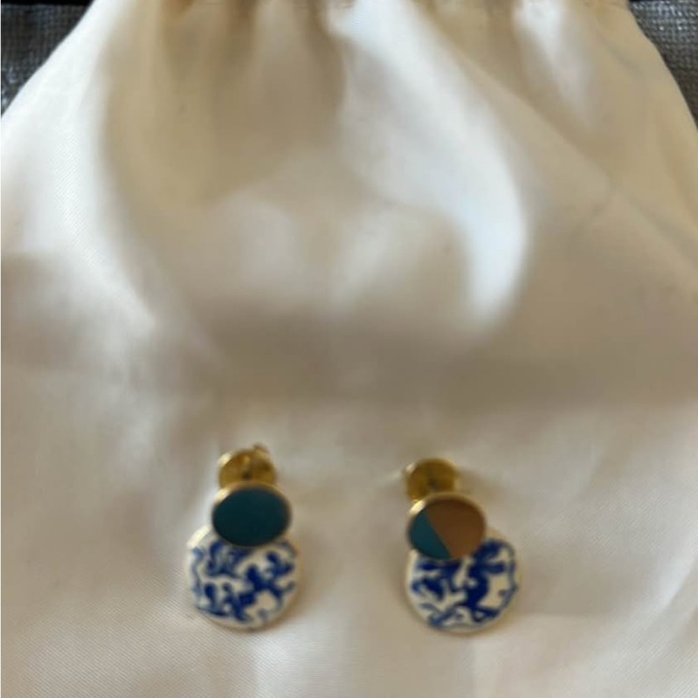 Gold & Blue Porcelain pattern Disc Earrings - Women's Fashion Jewelry